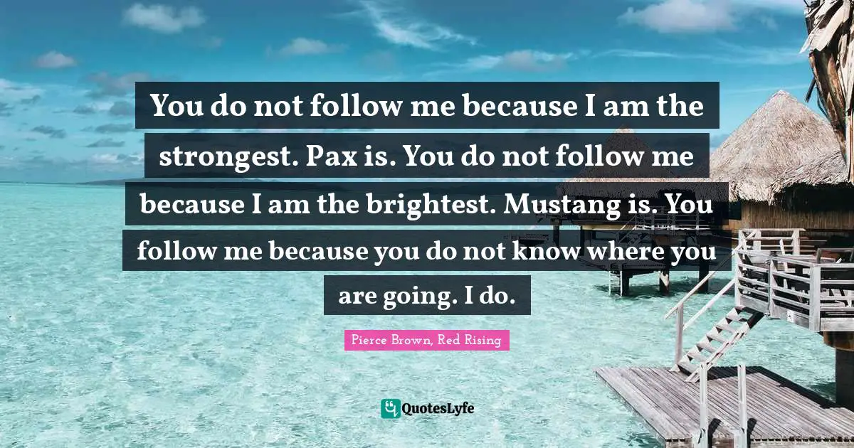 You do not follow me because I am the strongest. Pax is. You do not follow me because I am the brightest. Mustang is. You follow me because you do not know where you are going. I do.