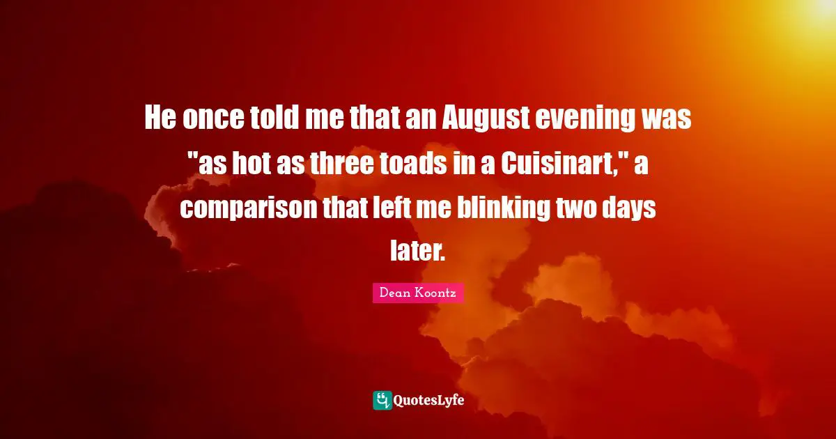 He once told me that an August evening was "as hot as three toads in a Cuisinart," a comparison that left me blinking two days later.