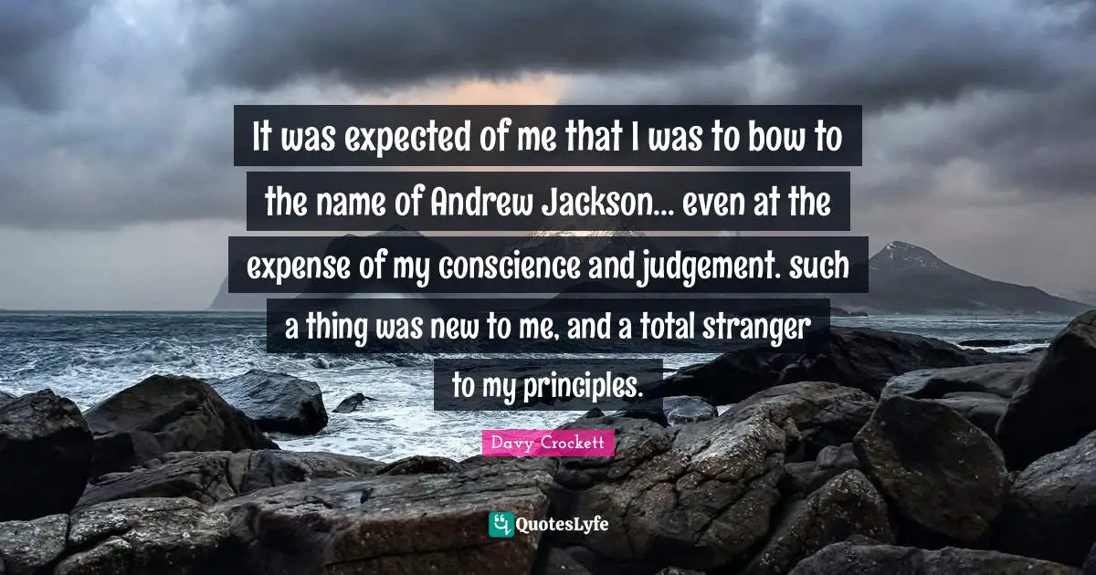 Davy Crockett Quotes: "It was expected of me that I was to bow to the name of Andrew Jackson... even at the expense of my conscience and judgement. such a thing was new to me, and a total stranger to my principles."
