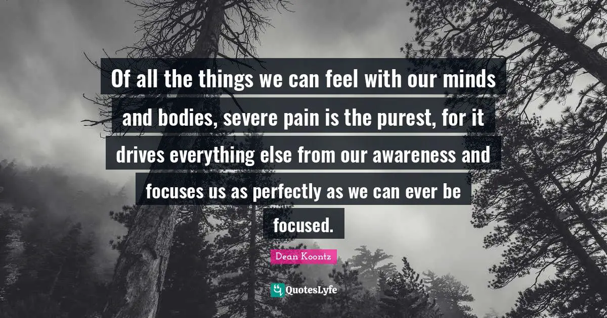 Of all the things we can feel with our minds and bodies, severe pain is the purest, for it drives everything else from our awareness and focuses us as perfectly as we can ever be focused.