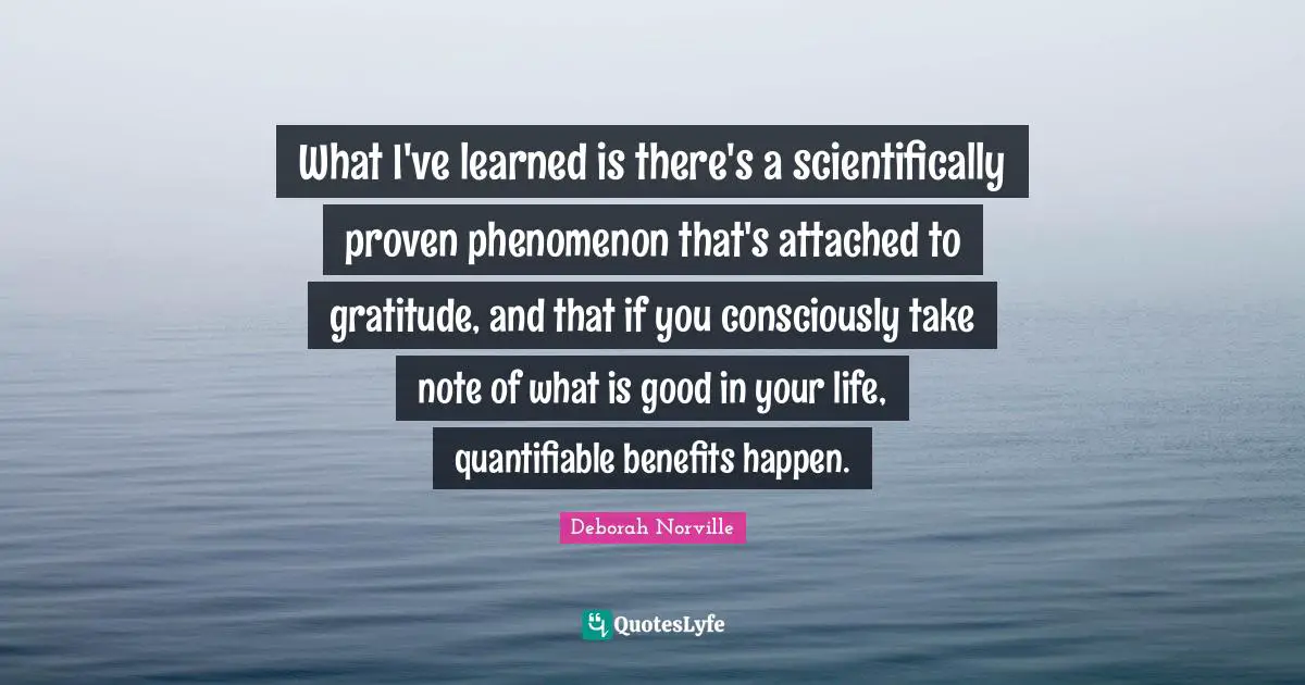 What I've learned is there's a scientifically proven phenomenon that's attached to gratitude, and that if you consciously take note of what is good in your life, quantifiable benefits happen.