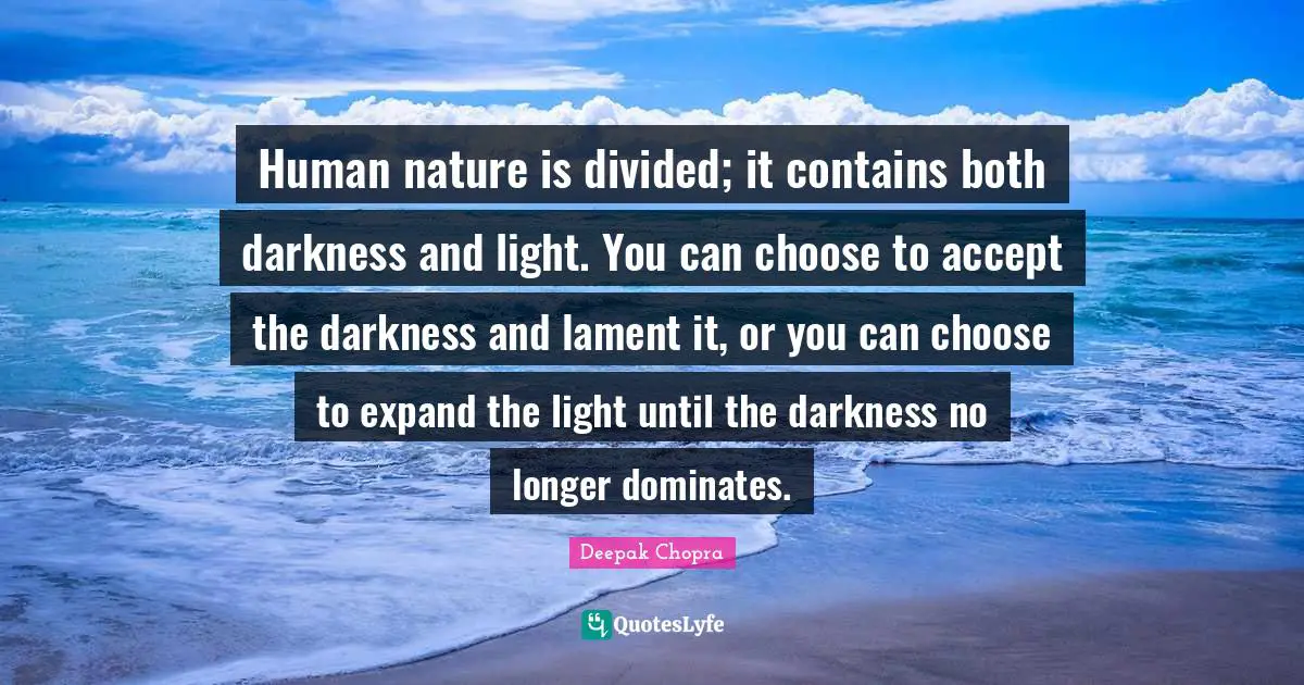 Human nature is divided; it contains both darkness and light. You can choose to accept the darkness and lament it, or you can choose to expand the light until the darkness no longer dominates.
