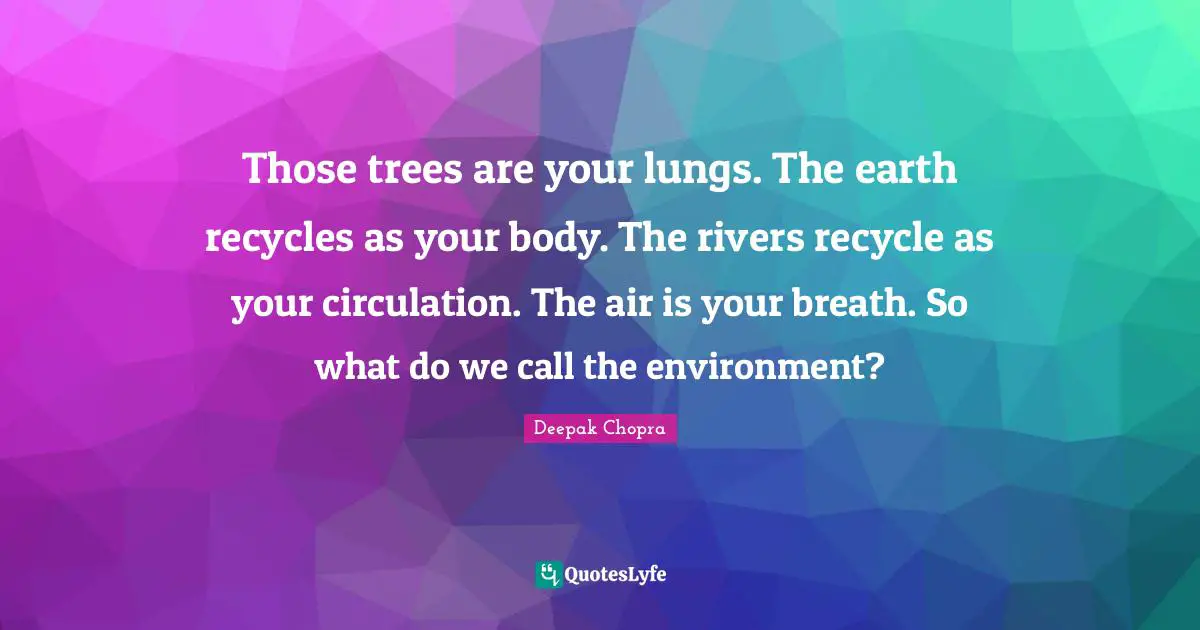Those trees are your lungs. The earth recycles as your body. The rivers recycle as your circulation. The air is your breath. So what do we call the environment?