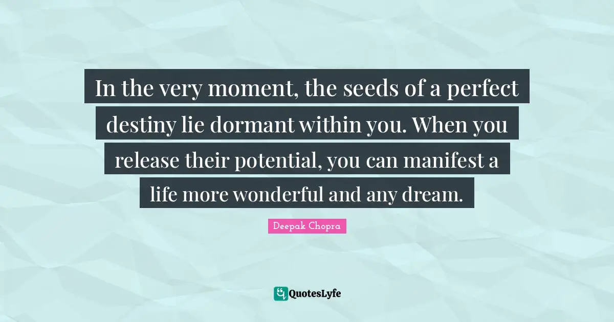 In the very moment, the seeds of a perfect destiny lie dormant within you. When you release their potential, you can manifest a life more wonderful and any dream.