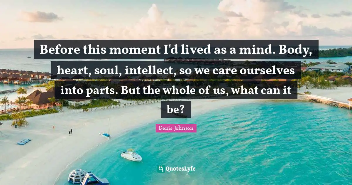 Before this moment I'd lived as a mind. Body, heart, soul, intellect, so we care ourselves into parts. But the whole of us, what can it be?