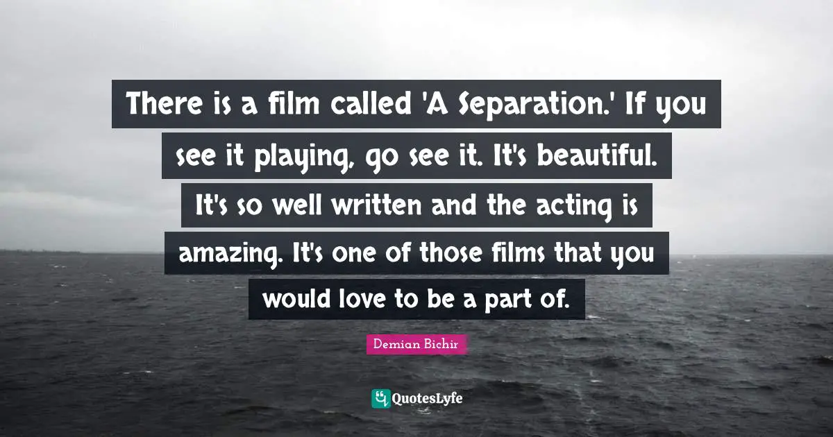 There is a film called 'A Separation.' If you see it playing, go see it. It's beautiful. It's so well written and the acting is amazing. It's one of those films that you would love to be a part of.