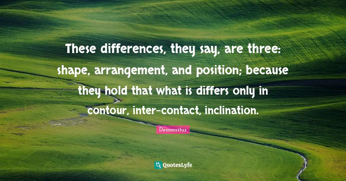 These differences, they say, are three: shape, arrangement, and position; because they hold that what is differs only in contour, inter-contact, inclination.