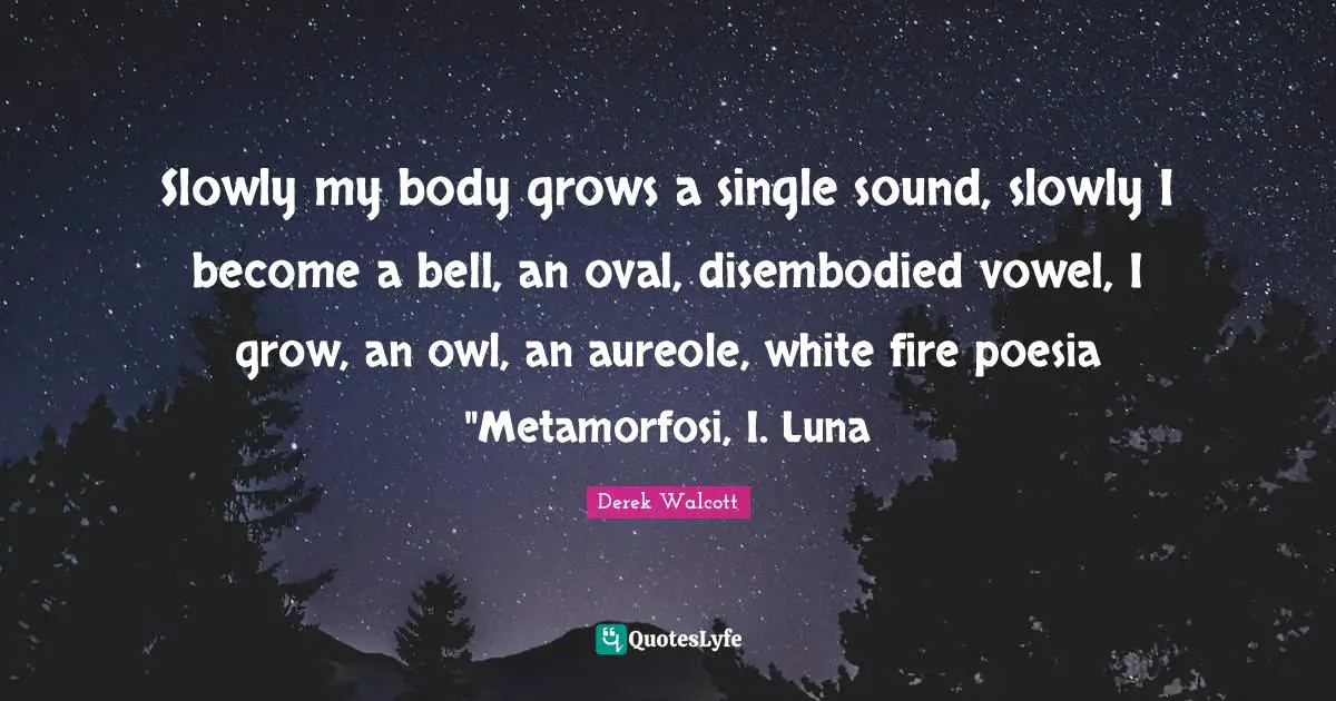Slowly my body grows a single sound, slowly I become a bell, an oval, disembodied vowel, I grow, an owl, an aureole, white fire poesia "Metamorfosi, I. Luna