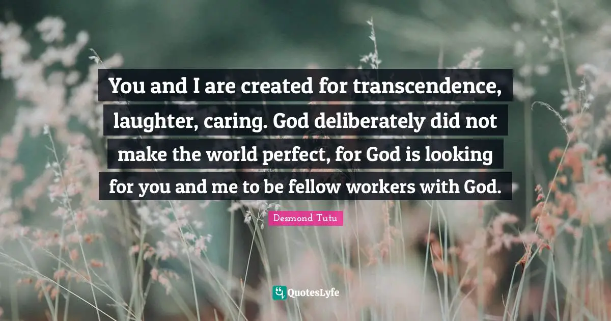 You and I are created for transcendence, laughter, caring. God deliberately did not make the world perfect, for God is looking for you and me to be fellow workers with God.
