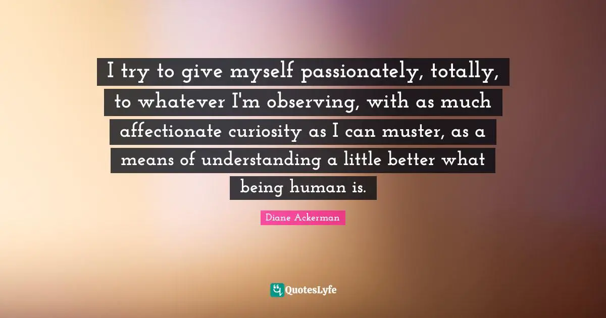 I try to give myself passionately, totally, to whatever I'm observing, with as much affectionate curiosity as I can muster, as a means of understanding a little better what being human is.