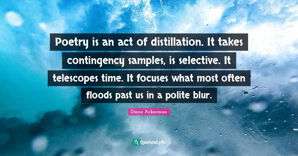 Poetry is an act of distillation. It takes contingency samples, is selective. It telescopes time. It focuses what most often floods past us in a polite blur.