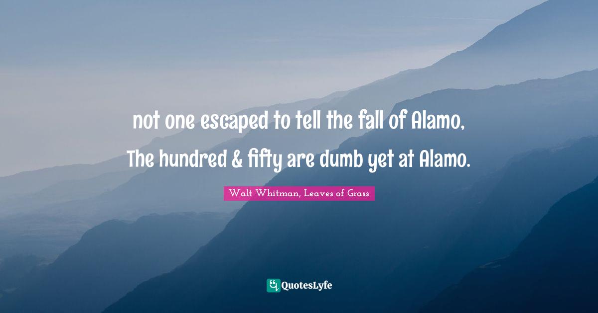 Walt Whitman, Leaves of Grass Quotes: not one escaped to tell the fall of Alamo, The hundred & fifty are dumb yet at Alamo.