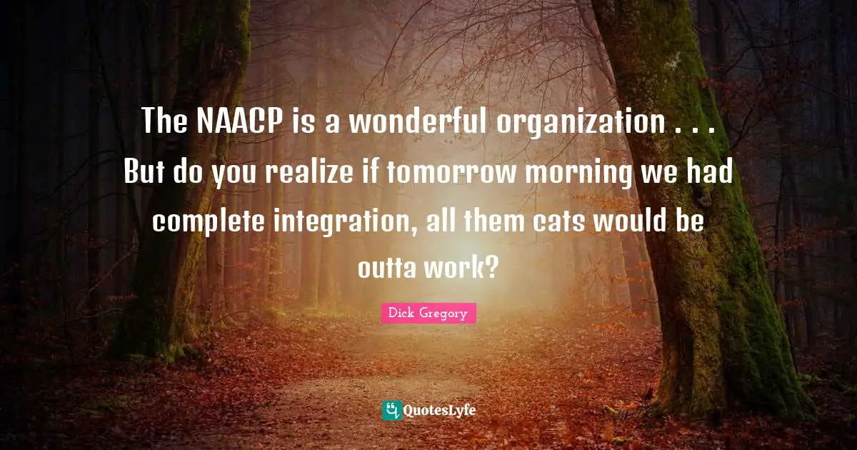 Dick Gregory Quotes: "The NAACP is a wonderful organization . . . But do you realize if tomorrow morning we had complete integration, all them cats would be outta work?"
