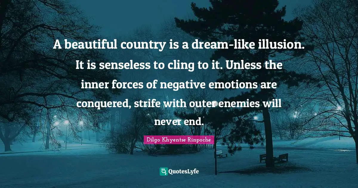 A beautiful country is a dream-like illusion. It is senseless to cling to it. Unless the inner forces of negative emotions are conquered, strife with outer enemies will never end.