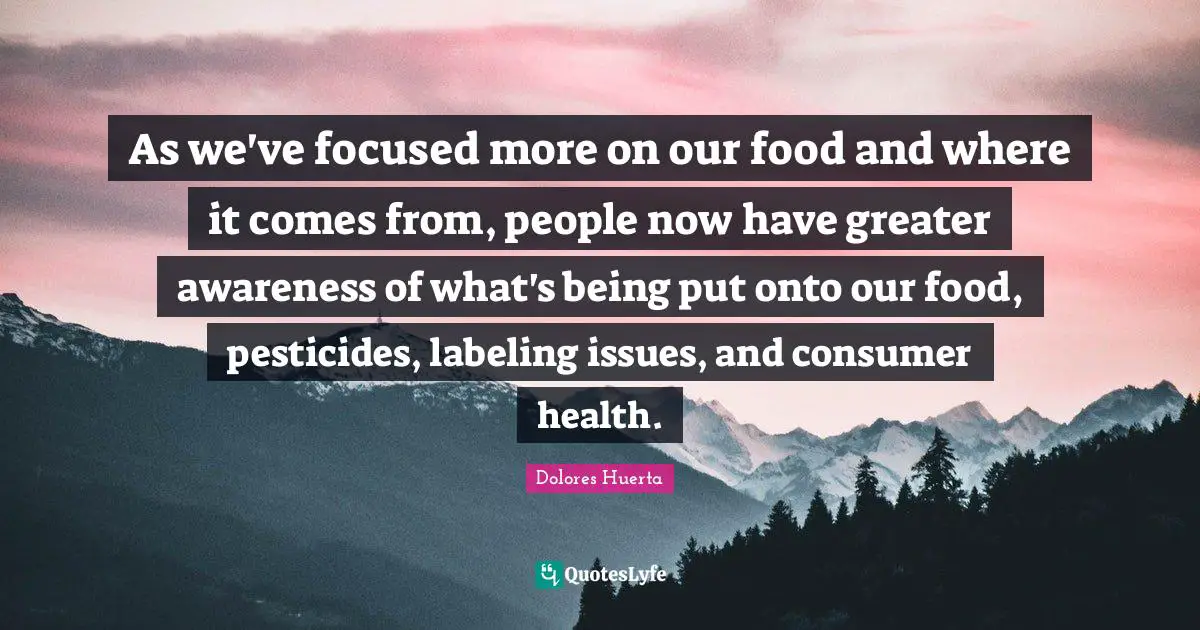 Dolores Huerta Quotes: "As we've focused more on our food and where it comes from, people now have greater awareness of what's being put onto our food, pesticides, labeling issues, and consumer health."