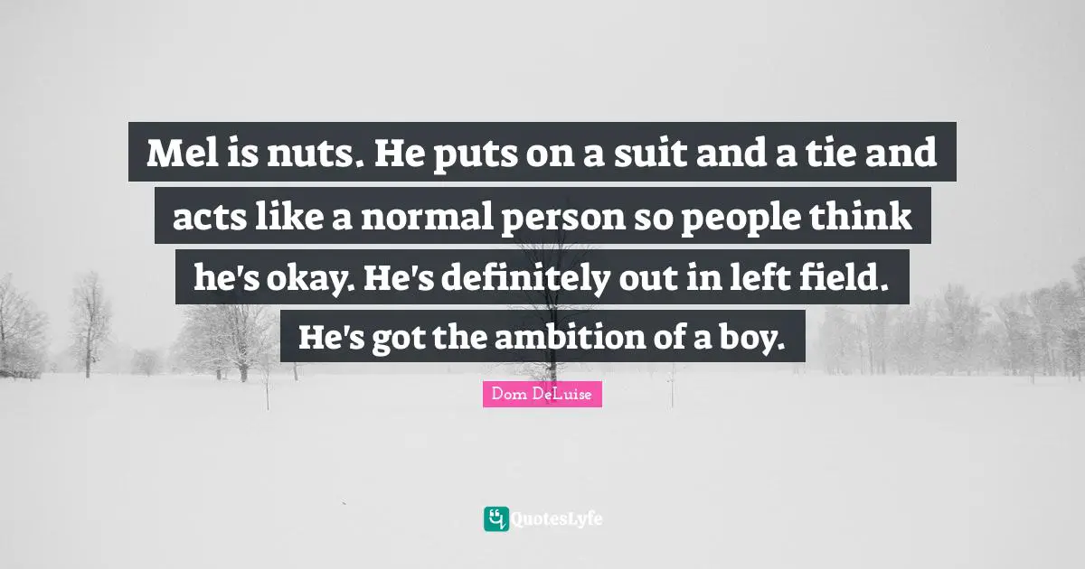 Mel is nuts. He puts on a suit and a tie and acts like a normal person so people think he's okay. He's definitely out in left field. He's got the ambition of a boy.