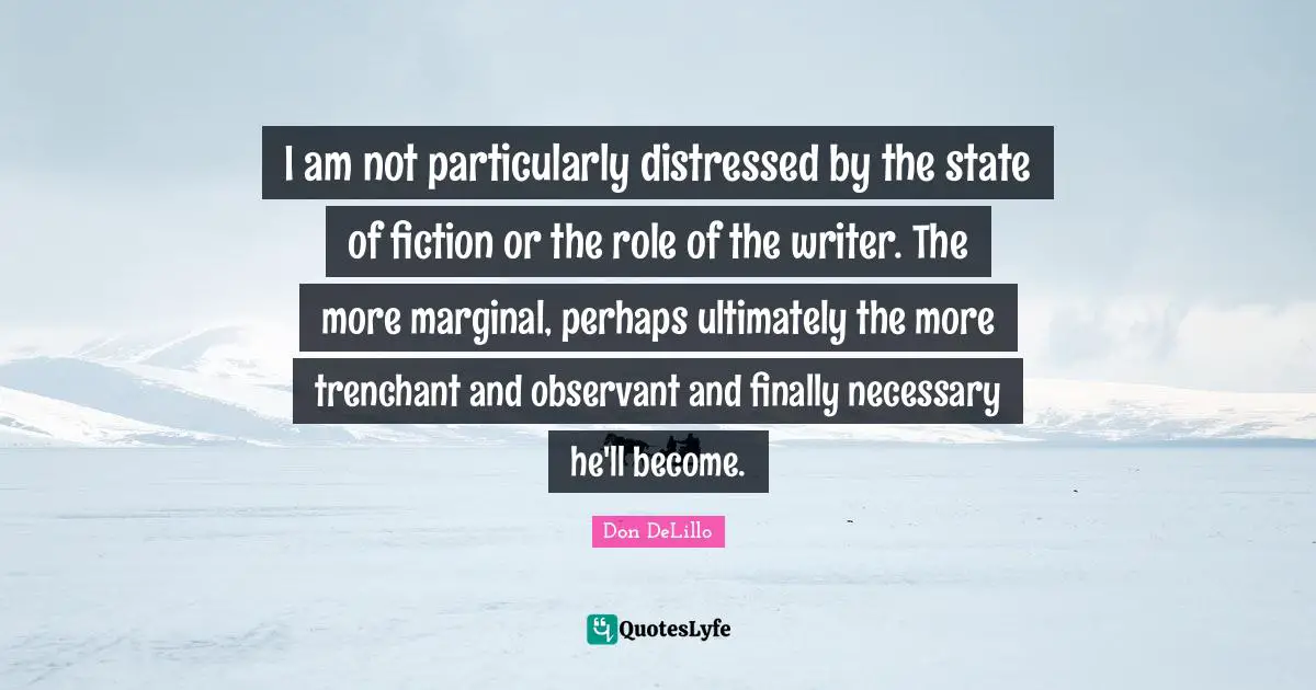 I am not particularly distressed by the state of fiction or the role of the writer. The more marginal, perhaps ultimately the more trenchant and observant and finally necessary he'll become.