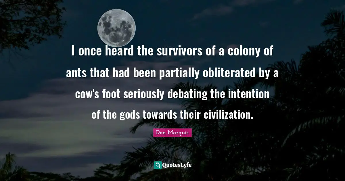 I once heard the survivors of a colony of ants that had been partially obliterated by a cow's foot seriously debating the intention of the gods towards their civilization.