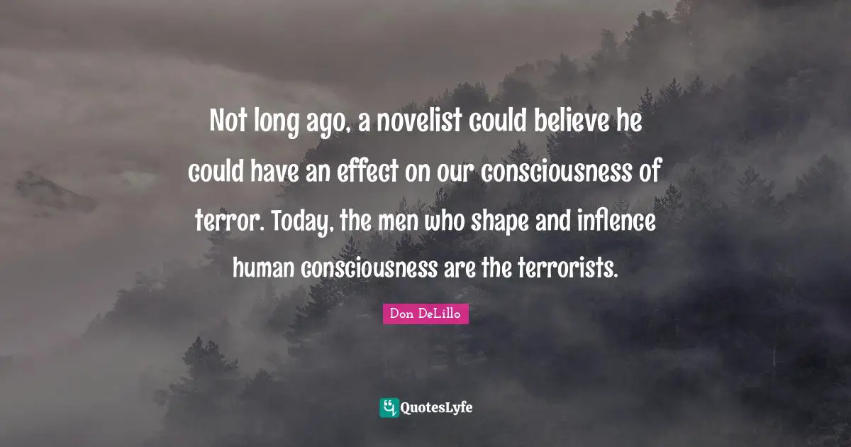 Not long ago, a novelist could believe he could have an effect on our consciousness of terror. Today, the men who shape and inflence human consciousness are the terrorists.