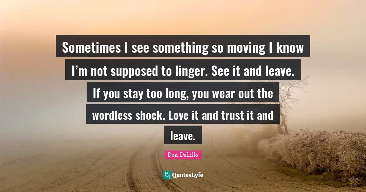 Don DeLillo Quotes: "Sometimes I see something so moving I know I’m not supposed to linger. See it and leave. If you stay too long, you wear out the wordless shock. Love it and trust it and leave."