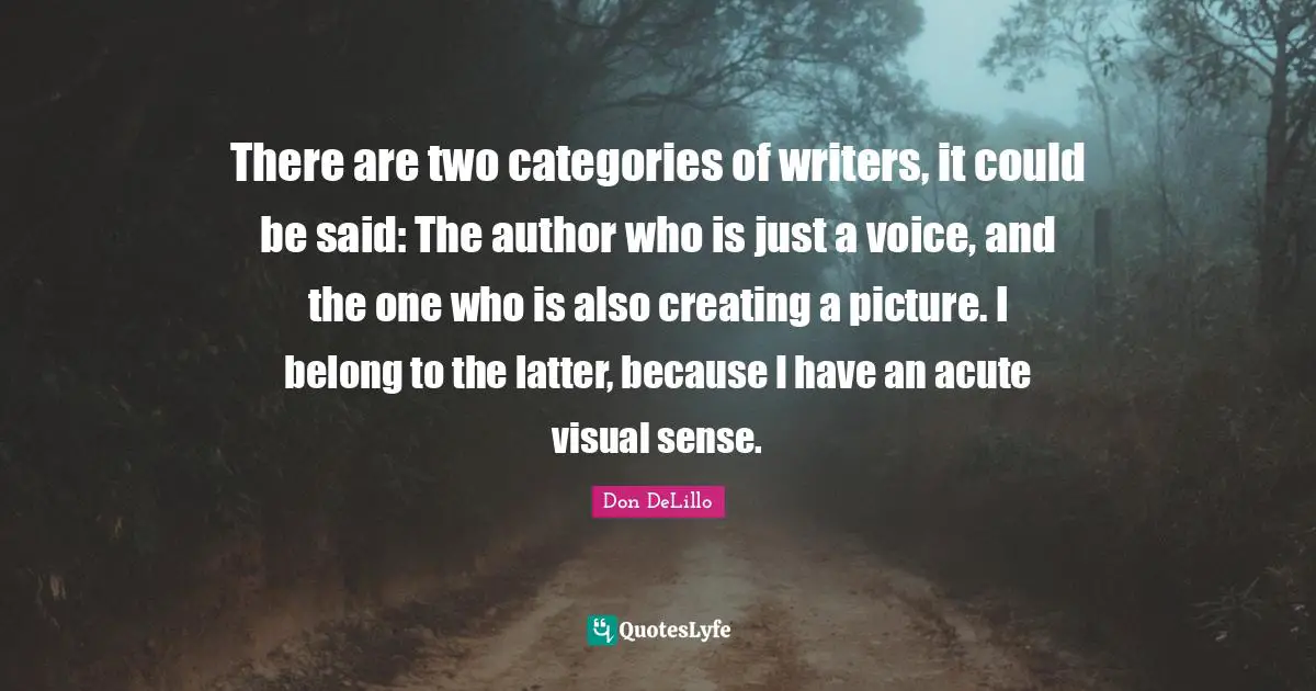 There are two categories of writers, it could be said: The author who is just a voice, and the one who is also creating a picture. I belong to the latter, because I have an acute visual sense.
