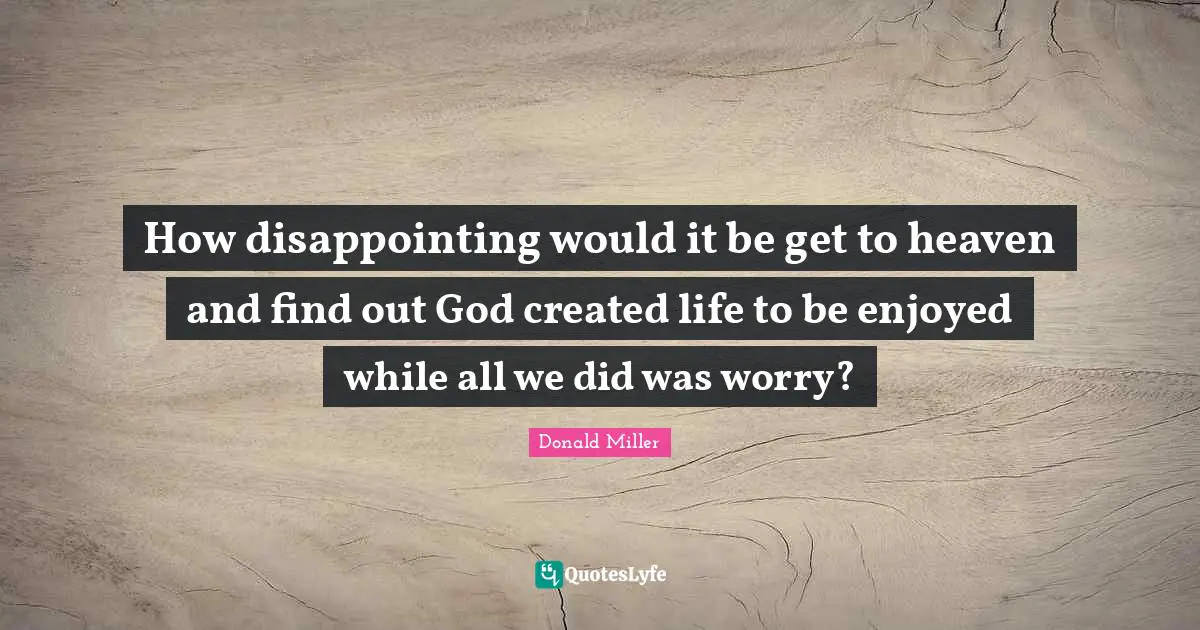 Donald Miller Quotes: "How disappointing would it be get to heaven and find out God created life to be enjoyed while all we did was worry?"