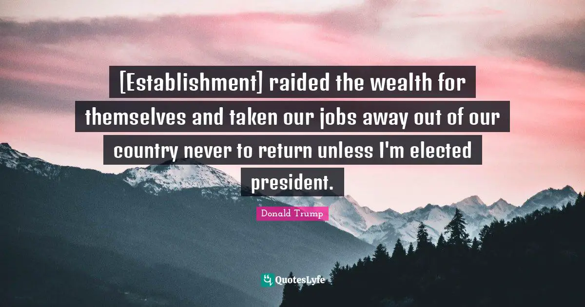 [Establishment] raided the wealth for themselves and taken our jobs away out of our country never to return unless I'm elected president.