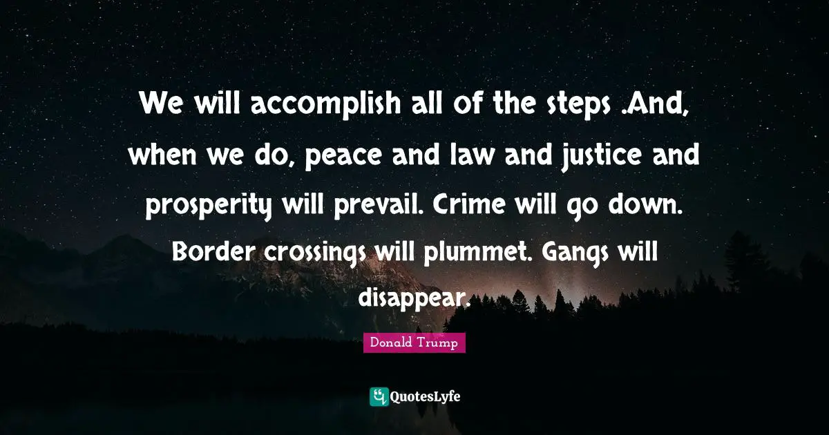 We will accomplish all of the steps .And, when we do, peace and law and justice and prosperity will prevail. Crime will go down. Border crossings will plummet. Gangs will disappear.