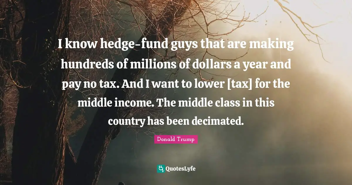 I know hedge-fund guys that are making hundreds of millions of dollars a year and pay no tax. And I want to lower [tax] for the middle income. The middle class in this country has been decimated.