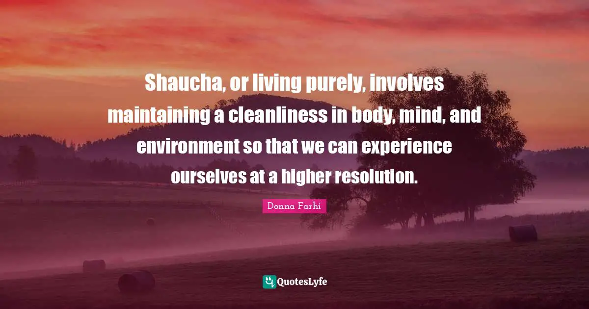 Donna Farhi Quotes: "Shaucha, or living purely, involves maintaining a cleanliness in body, mind, and environment so that we can experience ourselves at a higher resolution."