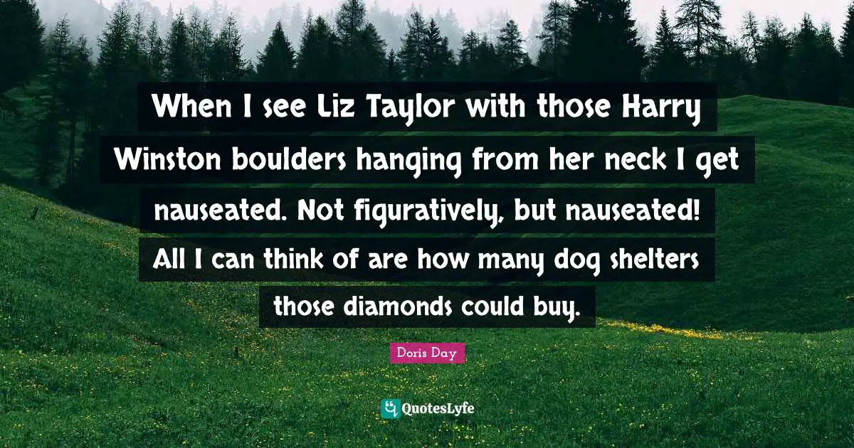 When I see Liz Taylor with those Harry Winston boulders hanging from her neck I get nauseated. Not figuratively, but nauseated! All I can think of are how many dog shelters those diamonds could buy.