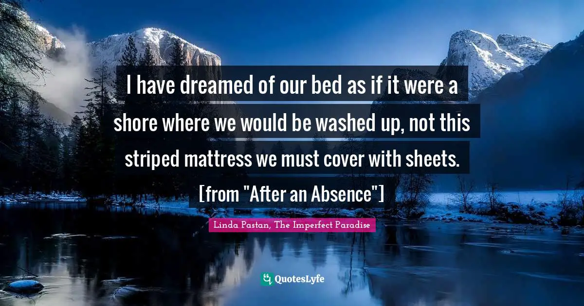 I have dreamed of our bed as if it were a shore where we would be washed up, not this striped mattress we must cover with sheets. [from "After an Absence"]
