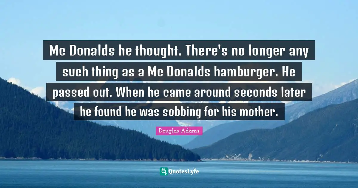 Mc Donalds he thought. There's no longer any such thing as a Mc Donalds hamburger. He passed out. When he came around seconds later he found he was sobbing for his mother.