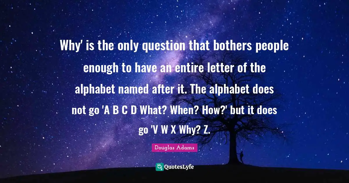 Why' is the only question that bothers people enough to have an entire letter of the alphabet named after it. The alphabet does not go 'A B C D What? When? How?' but it does go 'V W X Why? Z.