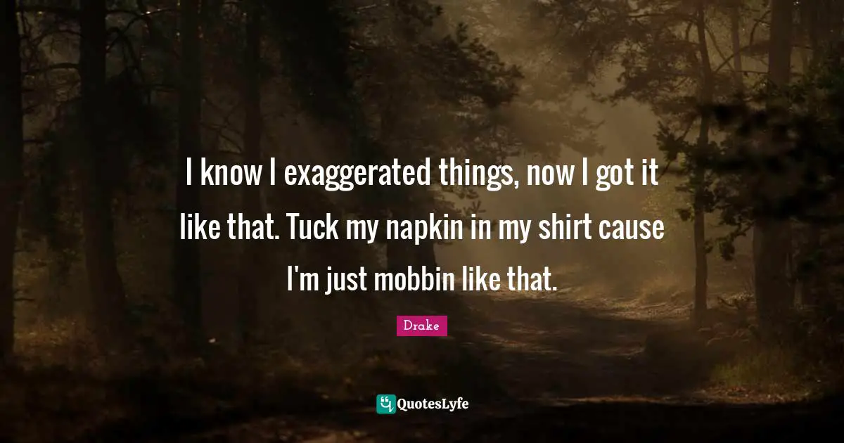 Napkins Quotes: "I know I exaggerated things, now I got it like that. Tuck my napkin in my shirt cause I'm just mobbin like that."
