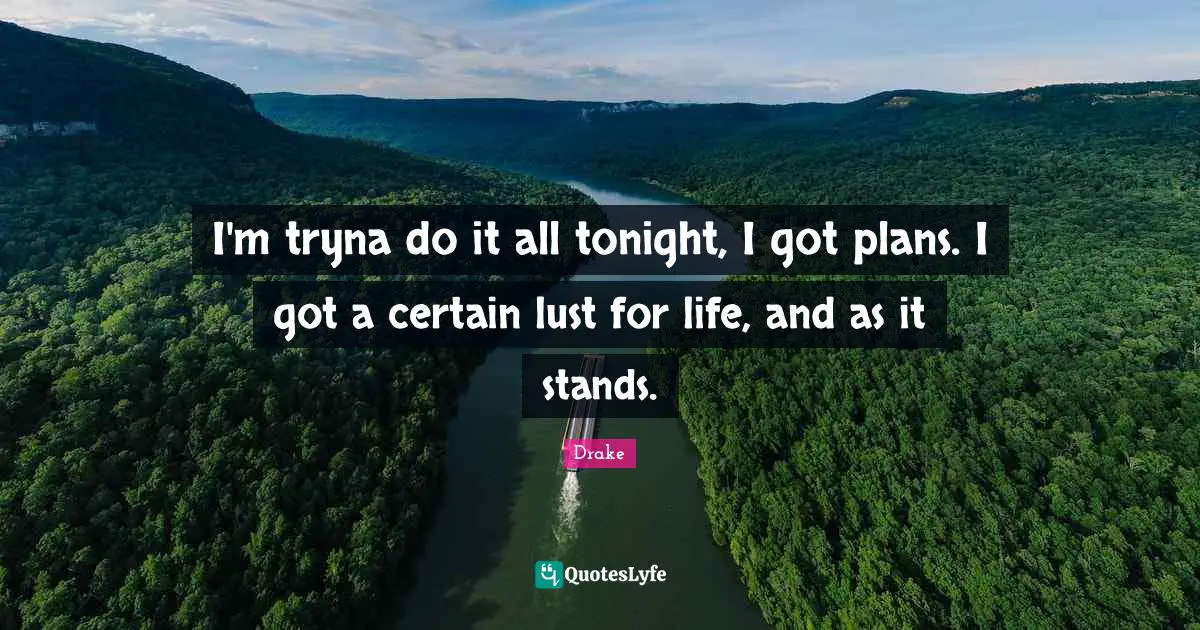 I'm tryna do it all tonight, I got plans. I got a certain lust for life, and as it stands.