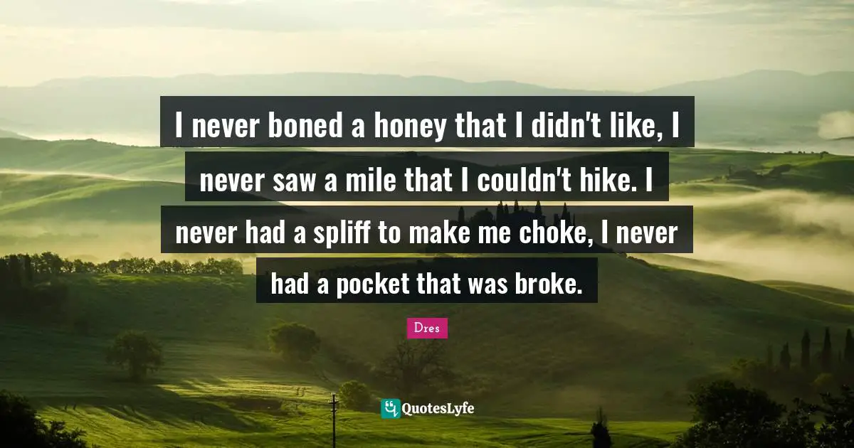 I never boned a honey that I didn't like, I never saw a mile that I couldn't hike. I never had a spliff to make me choke, I never had a pocket that was broke.