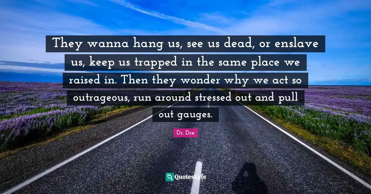 Dr. Dre Quotes: "They wanna hang us, see us dead, or enslave us, keep us trapped in the same place we raised in. Then they wonder why we act so outrageous, run around stressed out and pull out gauges."