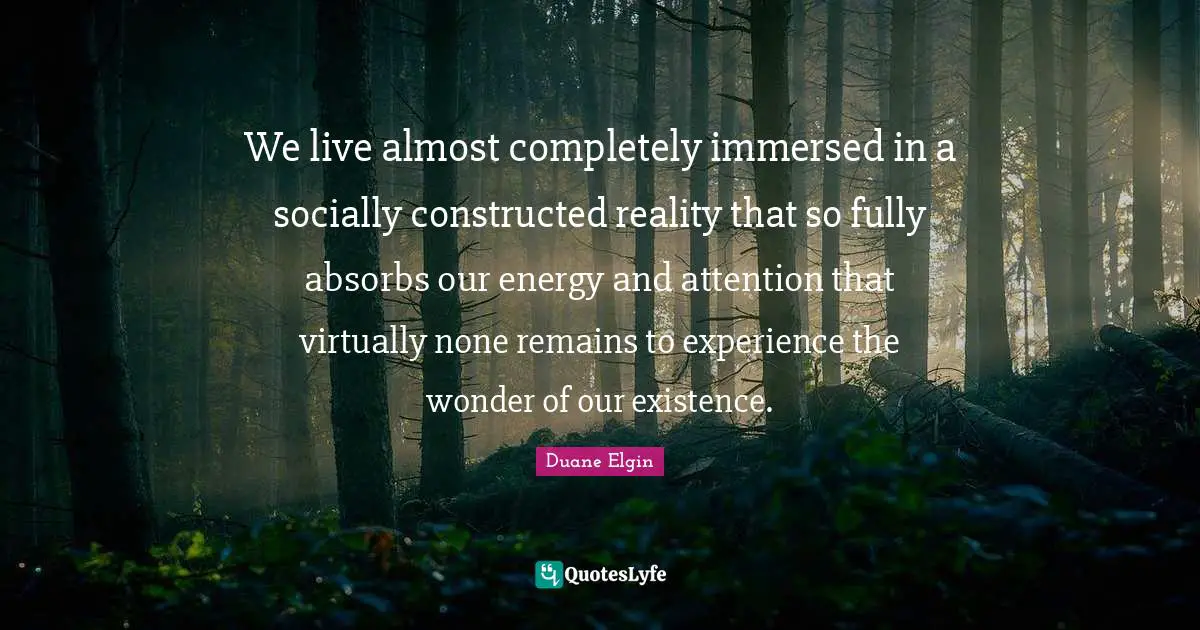We live almost completely immersed in a socially constructed reality that so fully absorbs our energy and attention that virtually none remains to experience the wonder of our existence.