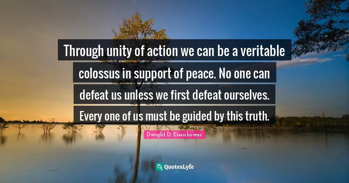Through unity of action we can be a veritable colossus in support of peace. No one can defeat us unless we first defeat ourselves. Every one of us must be guided by this truth.