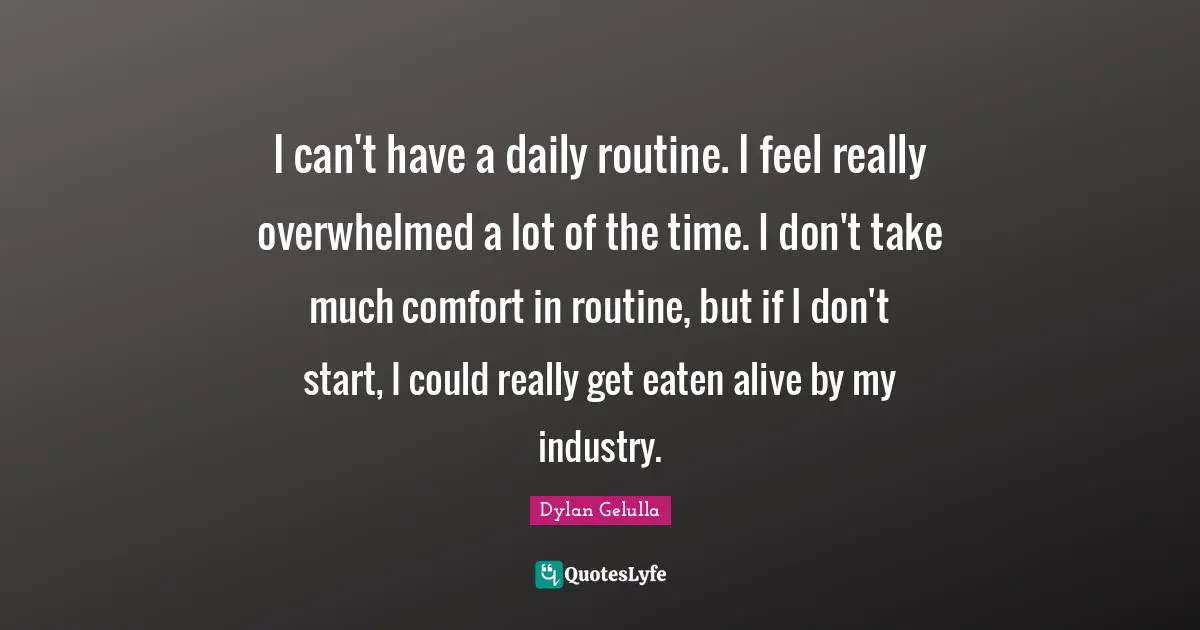 I can't have a daily routine. I feel really overwhelmed a lot of the time. I don't take much comfort in routine, but if I don't start, I could really get eaten alive by my industry.