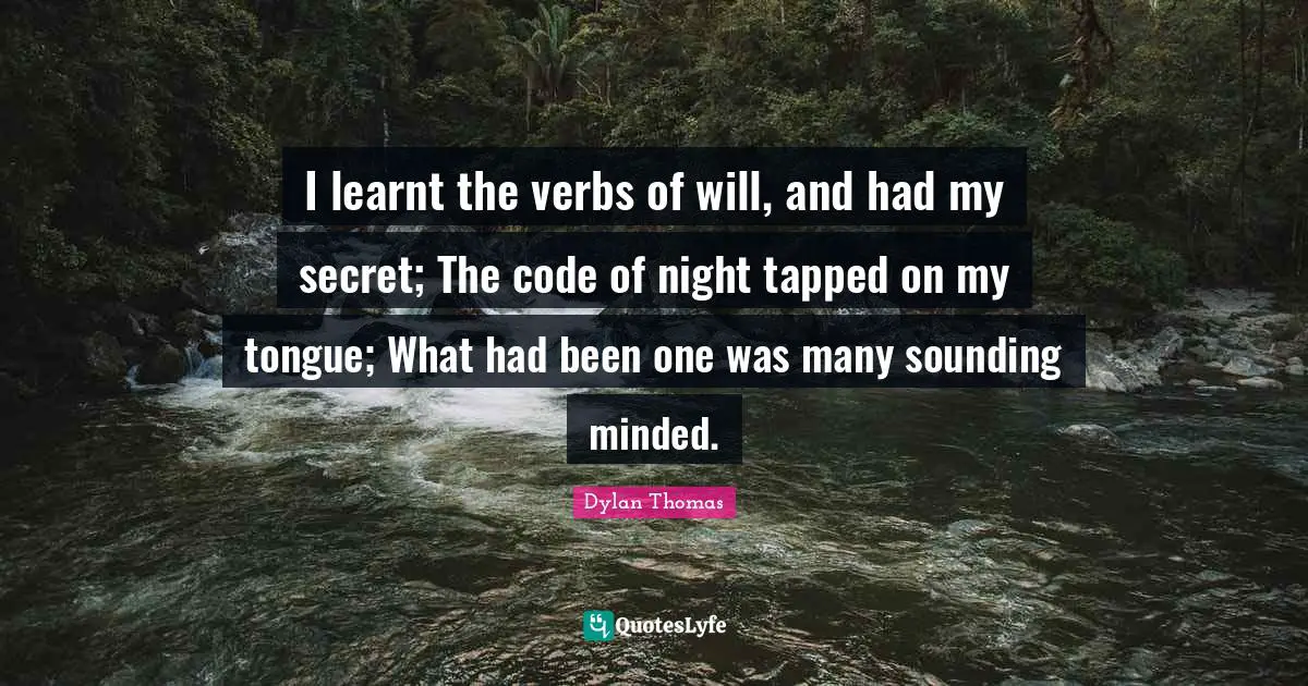 I learnt the verbs of will, and had my secret; The code of night tapped on my tongue; What had been one was many sounding minded.