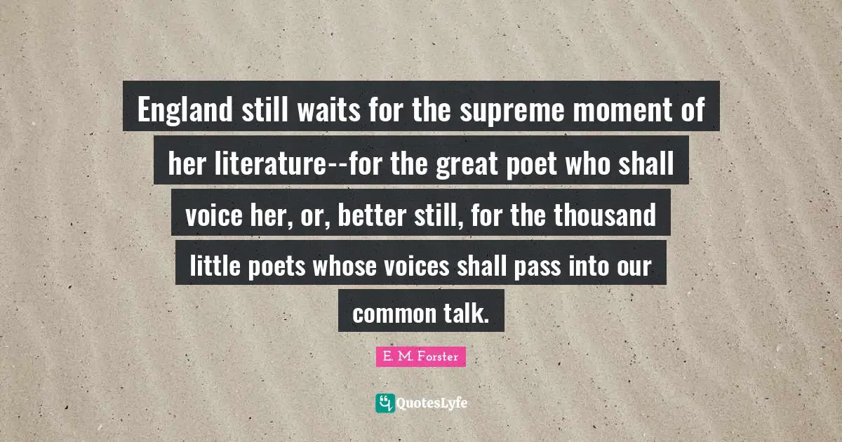 England still waits for the supreme moment of her literature--for the great poet who shall voice her, or, better still, for the thousand little poets whose voices shall pass into our common talk.