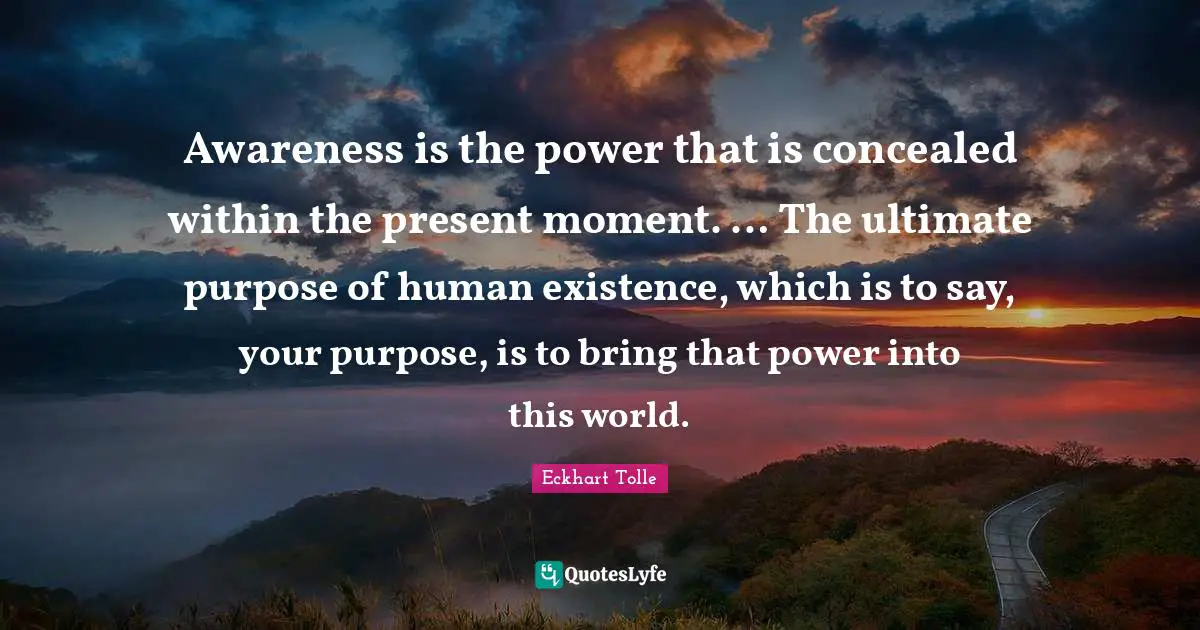 Awareness is the power that is concealed within the present moment. … The ultimate purpose of human existence, which is to say, your purpose, is to bring that power into this world.
