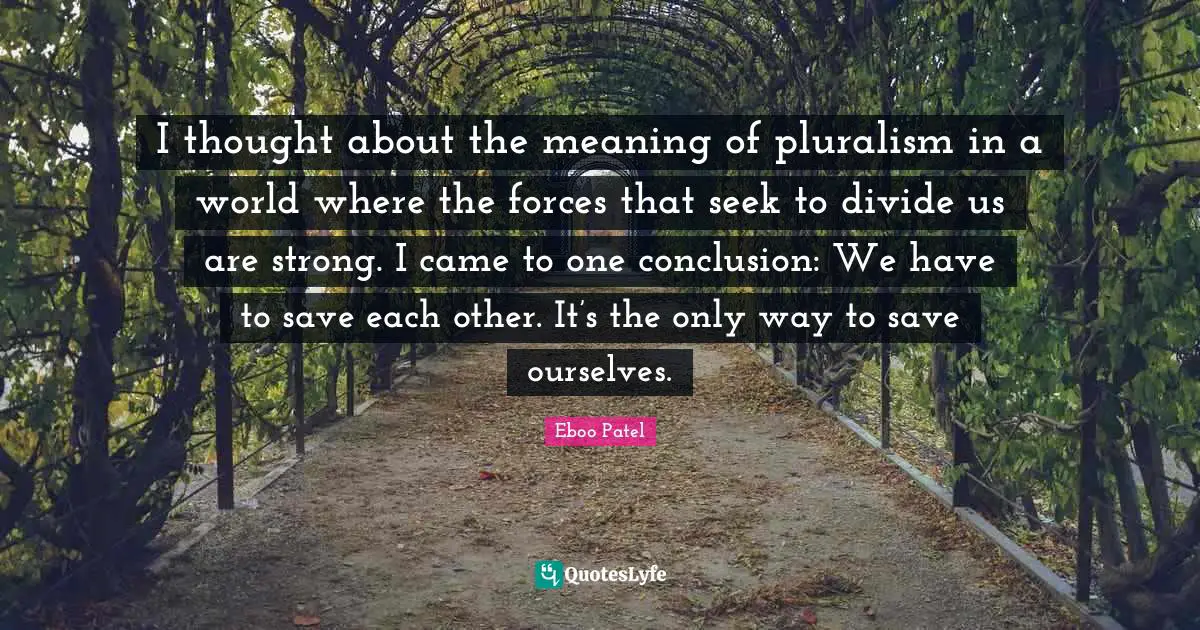 Eboo Patel Quotes: "I thought about the meaning of pluralism in a world where the forces that seek to divide us are strong. I came to one conclusion: We have to save each other. It’s the only way to save ourselves."