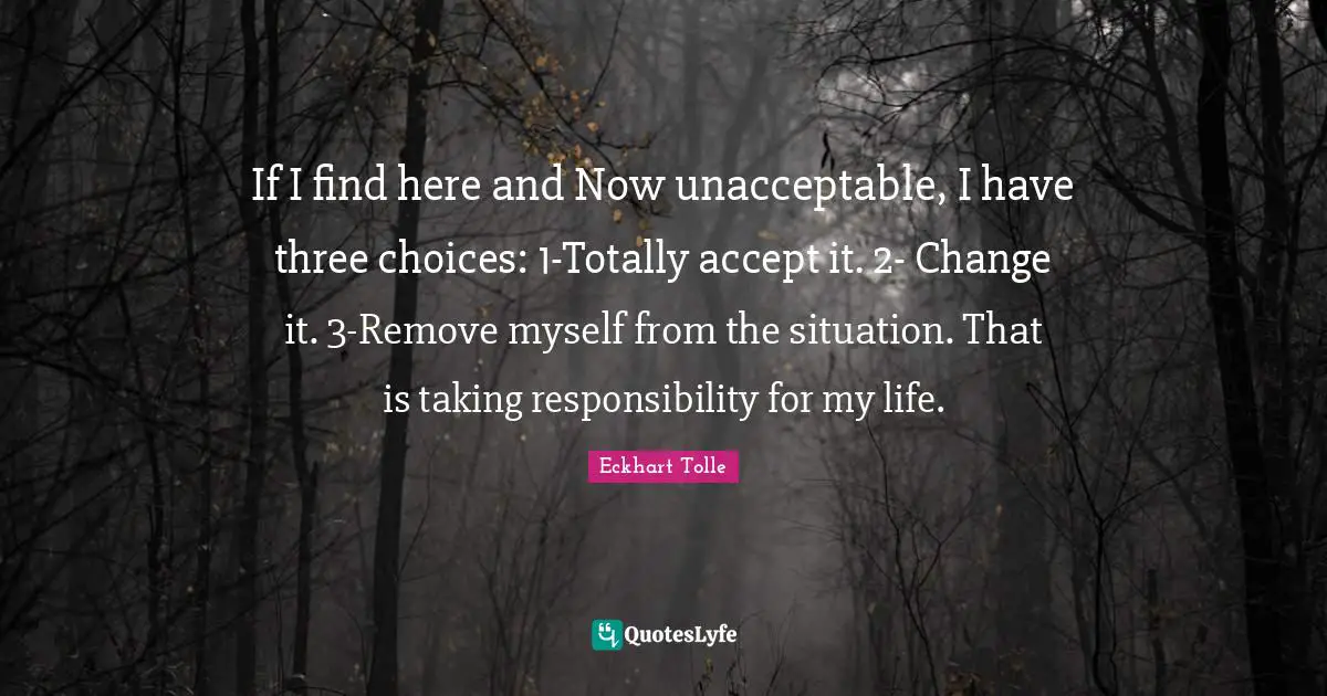 Situation Quotes: "If I find here and Now unacceptable, I have three choices: 1-Totally accept it. 2- Change it. 3-Remove myself from the situation. That is taking responsibility for my life."