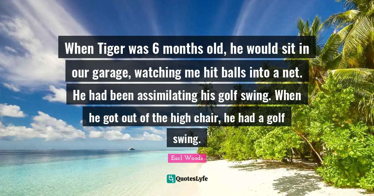 When Tiger was 6 months old, he would sit in our garage, watching me hit balls into a net. He had been assimilating his golf swing. When he got out of the high chair, he had a golf swing.