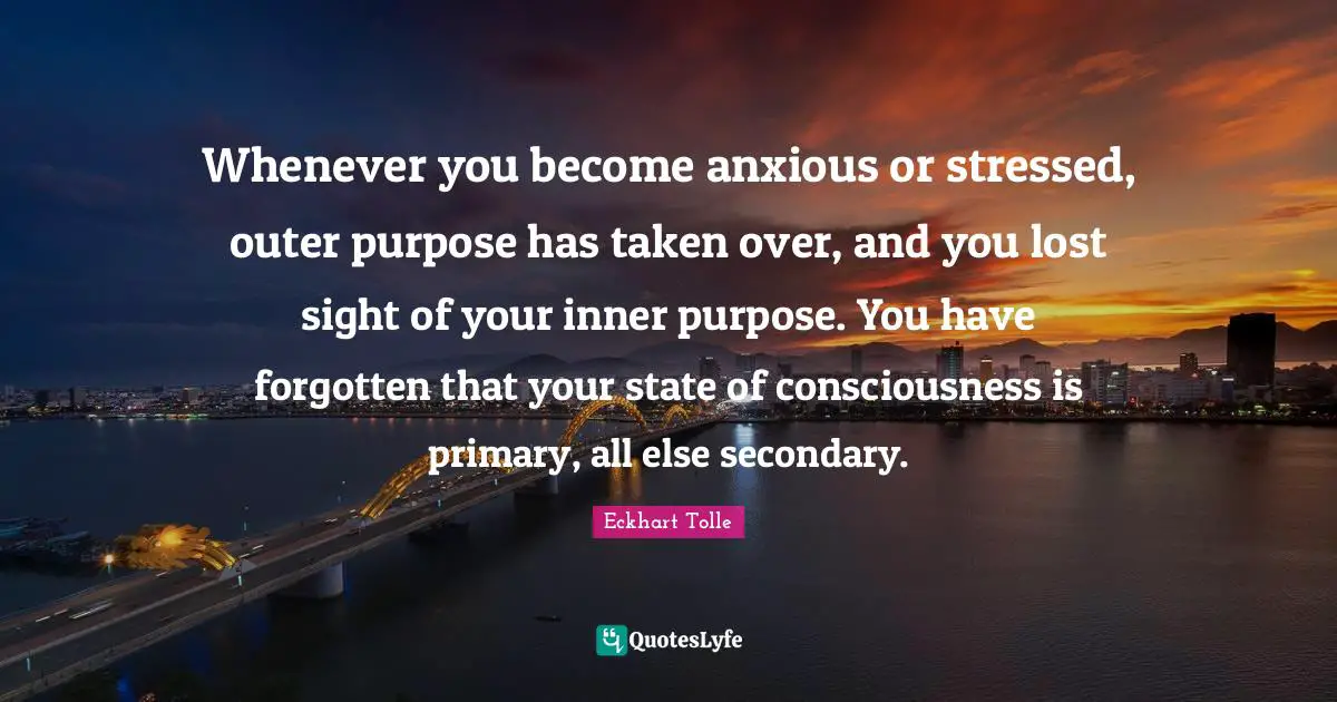 Whenever you become anxious or stressed, outer purpose has taken over, and you lost sight of your inner purpose. You have forgotten that your state of consciousness is primary, all else secondary.