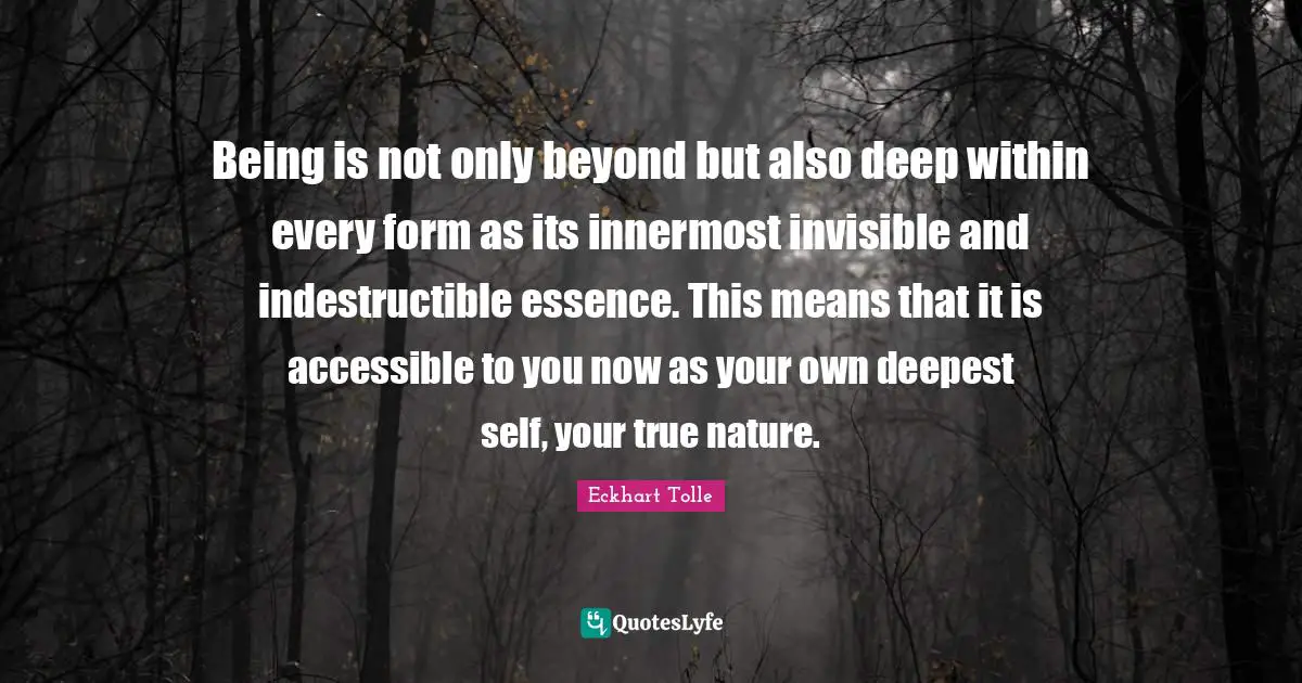 Being is not only beyond but also deep within every form as its innermost invisible and indestructible essence. This means that it is accessible to you now as your own deepest self, your true nature.