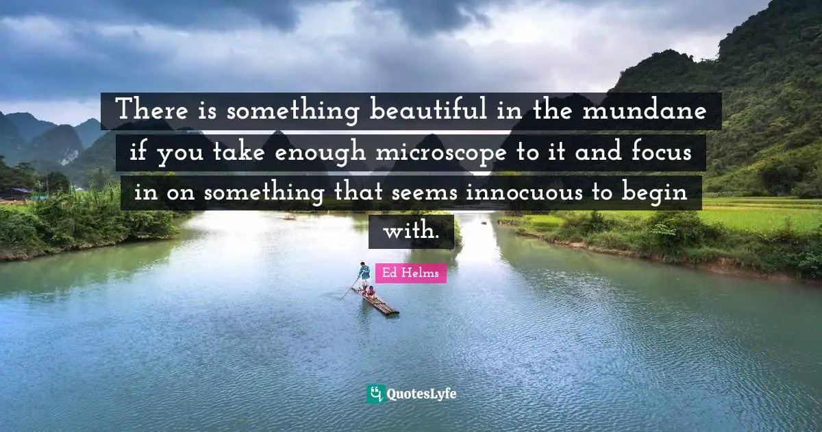 Ed Helms Quotes: "There is something beautiful in the mundane if you take enough microscope to it and focus in on something that seems innocuous to begin with."